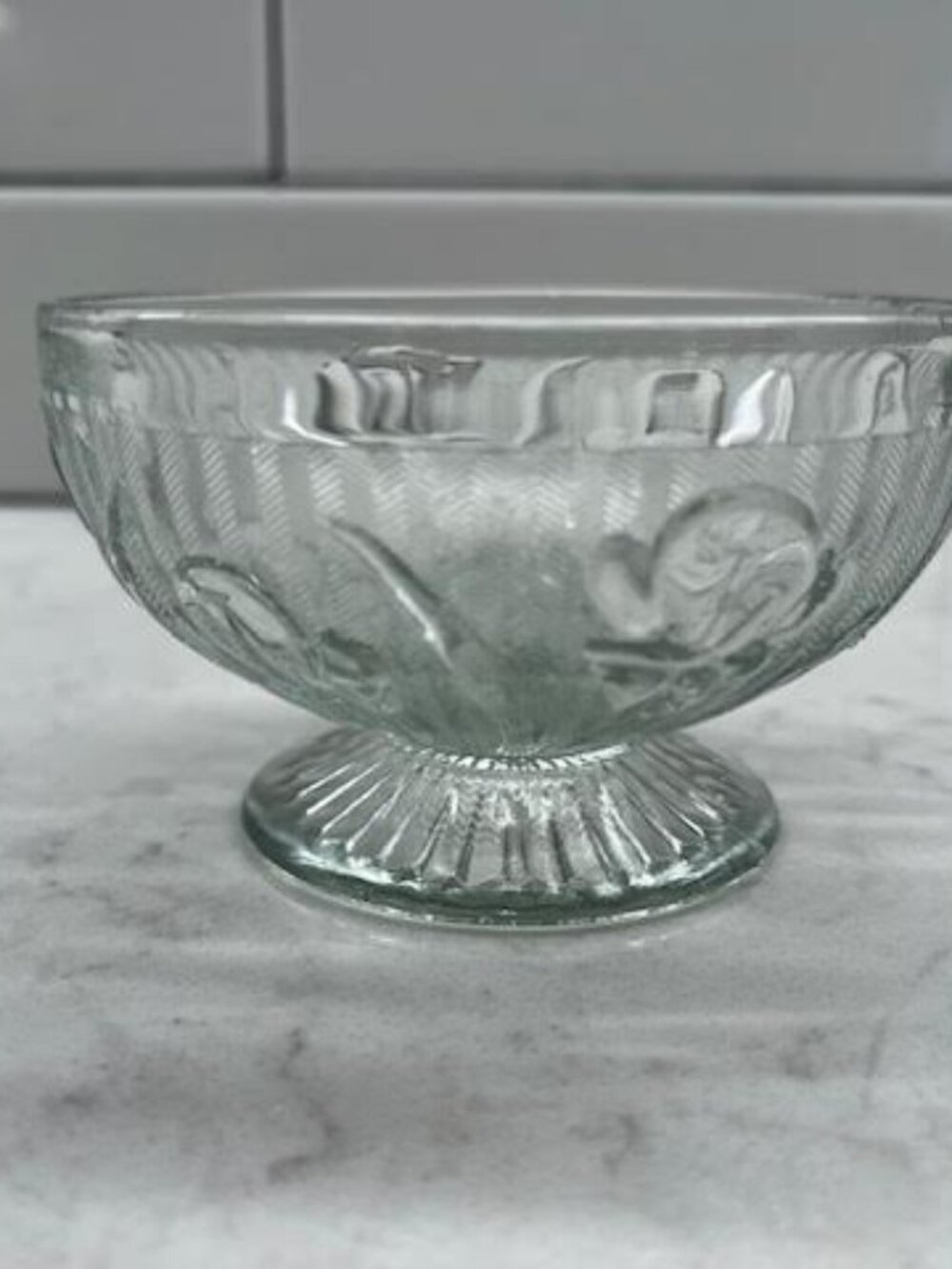 Vintage Anchor Hocking Jeannette Clear Iris Herringbone Footed Sherbet Bowl